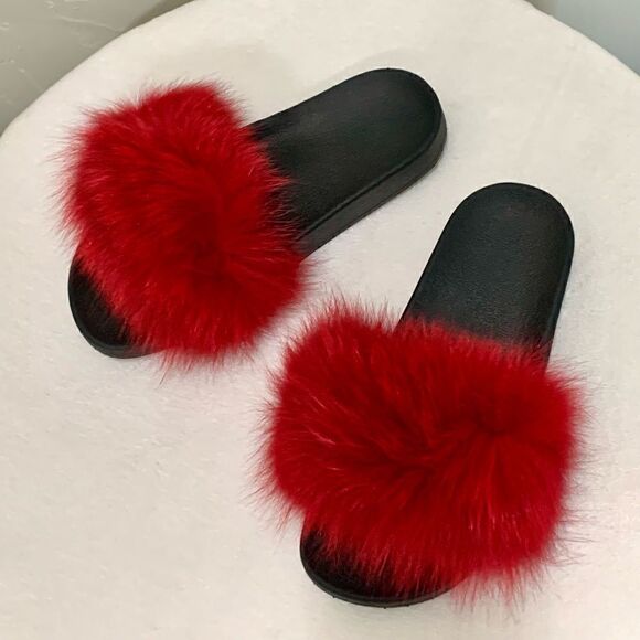 Handmade Red Fluffy Genuine Fox Fur Slippers, Soft Slide - Picture 5 of 12